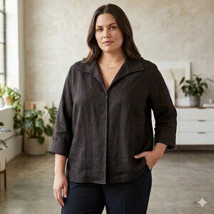 Valerie Stevens 100% Linen Shirt Womens 3x Xxxl 3xl Black Open Front Jacket Top